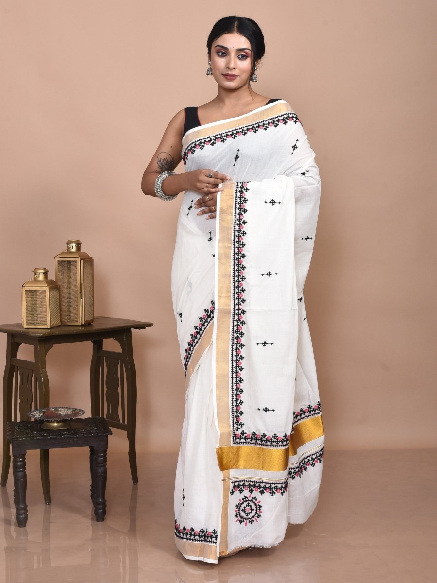 White Kerala Cotton Saree with Gujrati Hand Embroidery and Zari Border | Verified Sustainable by Brown Living™