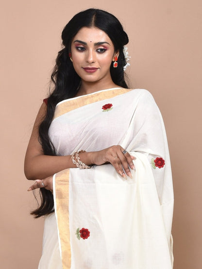 White Kerala Cotton Saree with Hand Embroidered Red Flowers | Verified Sustainable by Brown Living™