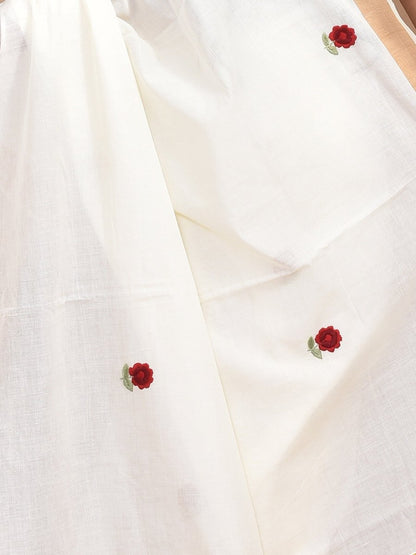 White Kerala Cotton Saree with Hand Embroidered Red Flowers | Verified Sustainable by Brown Living™