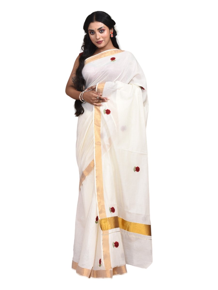 White Kerala Cotton Saree with Hand Embroidered Red Flowers | Verified Sustainable by Brown Living™