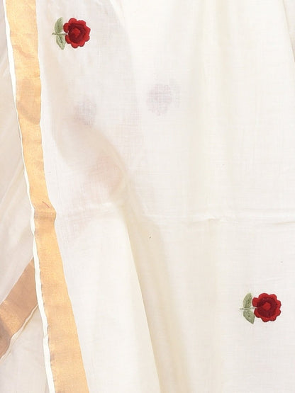 White Kerala Cotton Saree with Hand Embroidered Red Flowers | Verified Sustainable by Brown Living™