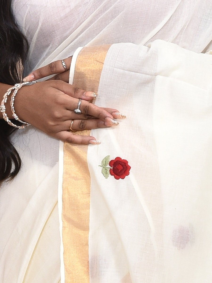 White Kerala Cotton Saree with Hand Embroidered Red Flowers | Verified Sustainable by Brown Living™