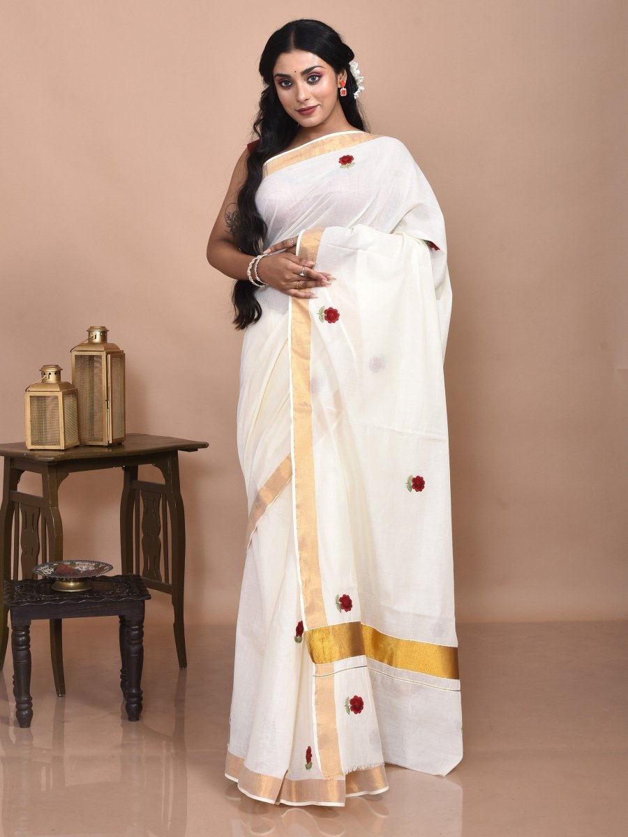 White Kerala Cotton Saree with Hand Embroidered Red Flowers | Verified Sustainable by Brown Living™