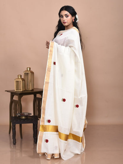 White Kerala Cotton Saree with Hand Embroidered Red Flowers | Verified Sustainable by Brown Living™