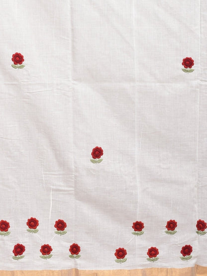 White Kerala Cotton Saree with Hand Embroidered Red Flowers | Verified Sustainable by Brown Living™