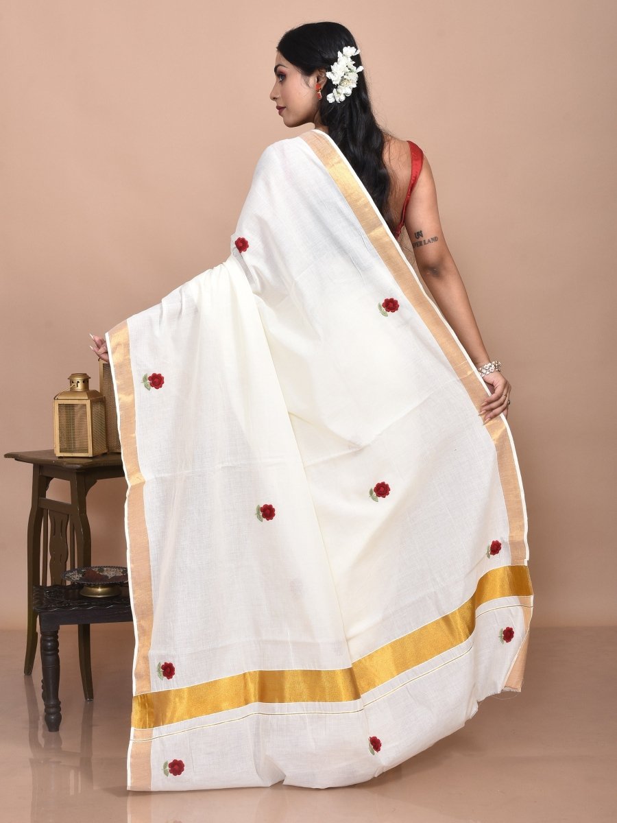 White Kerala Cotton Saree with Hand Embroidered Red Flowers | Verified Sustainable by Brown Living™