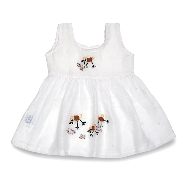 White Mulmul Baby Dress with Hen Design Hand Embroidery | Verified Sustainable by Brown Living™