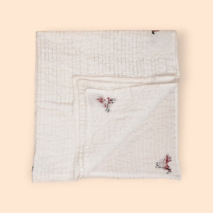 White Mulmul Bird Design Hand Embroidered Baby Nakshi Kantha | Verified Sustainable by Brown Living™