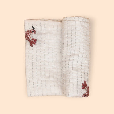 Pure Mulmul White Hand Embroidered Baby Nakshi Kantha – Baby Swaddle on Brown Living™. SKU: ST - MUL - KAN - BIRD - 01. Img 4.