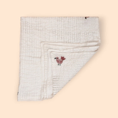 White Mulmul Bird Design Hand Embroidered Baby Nakshi Kantha | Verified Sustainable by Brown Living™