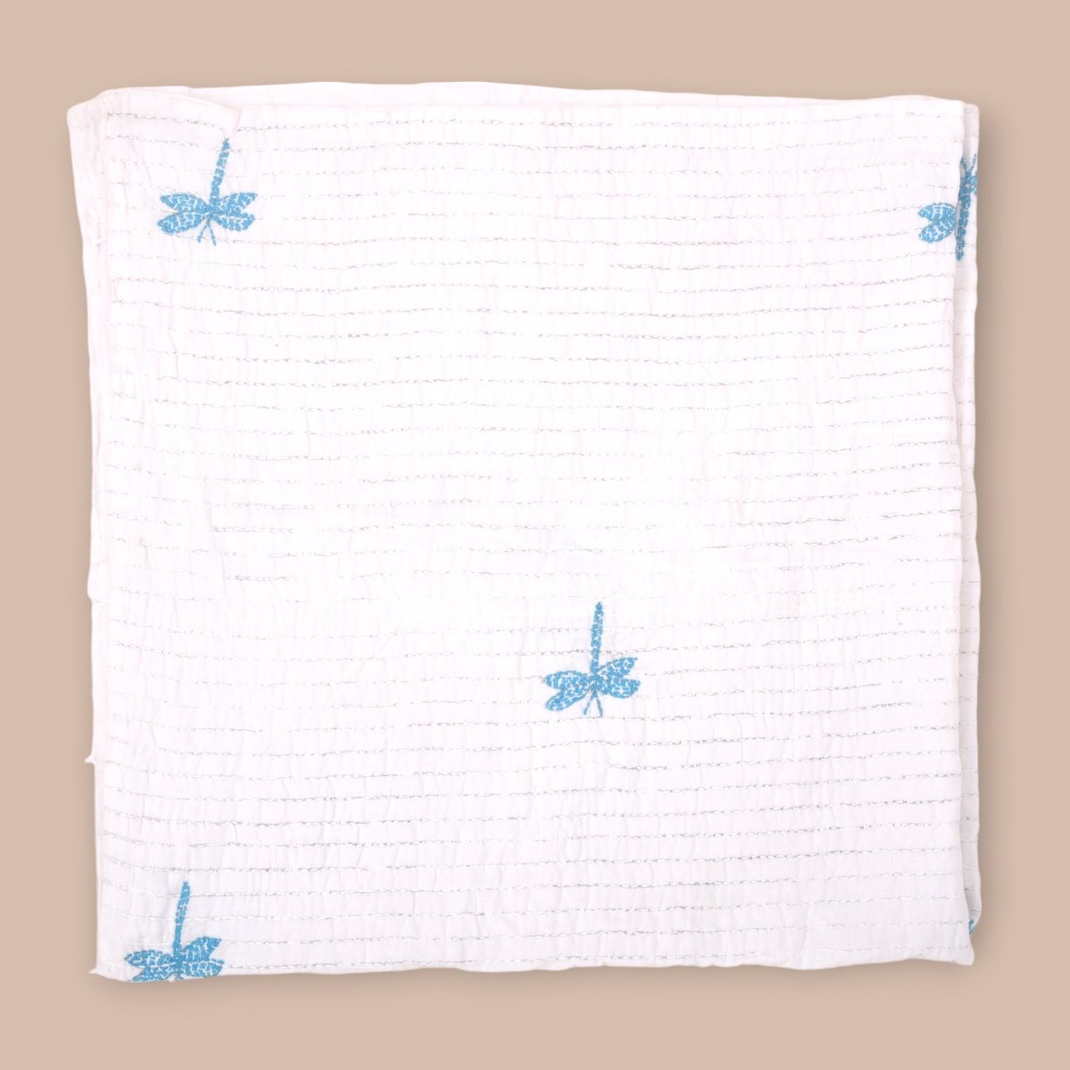 White Mulmul Dragon Fly Design Hand Embroidered Baby Nakshi Kantha | Verified Sustainable by Brown Living™