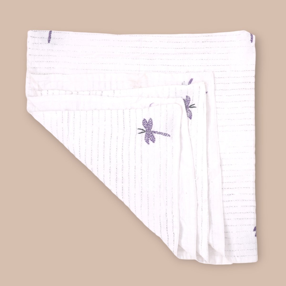 White Mulmul Dragon Fly Design Hand Embroidered Baby Nakshi Kantha | Verified Sustainable by Brown Living™