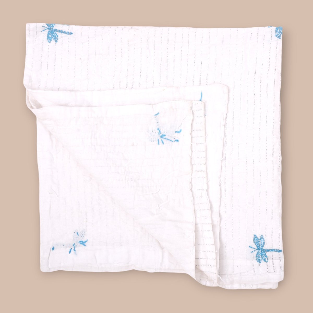 White Mulmul Dragon Fly Design Hand Embroidered Baby Nakshi Kantha | Verified Sustainable by Brown Living™