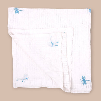 White Mulmul Dragon Fly Design Hand Embroidered Baby Nakshi Kantha | Verified Sustainable by Brown Living™