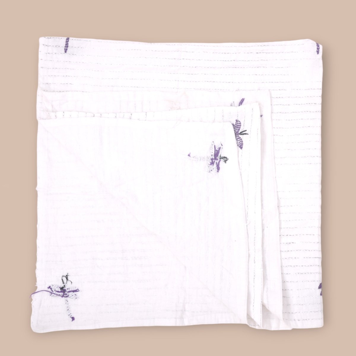 White Mulmul Dragon Fly Design Hand Embroidered Baby Nakshi Kantha | Verified Sustainable by Brown Living™