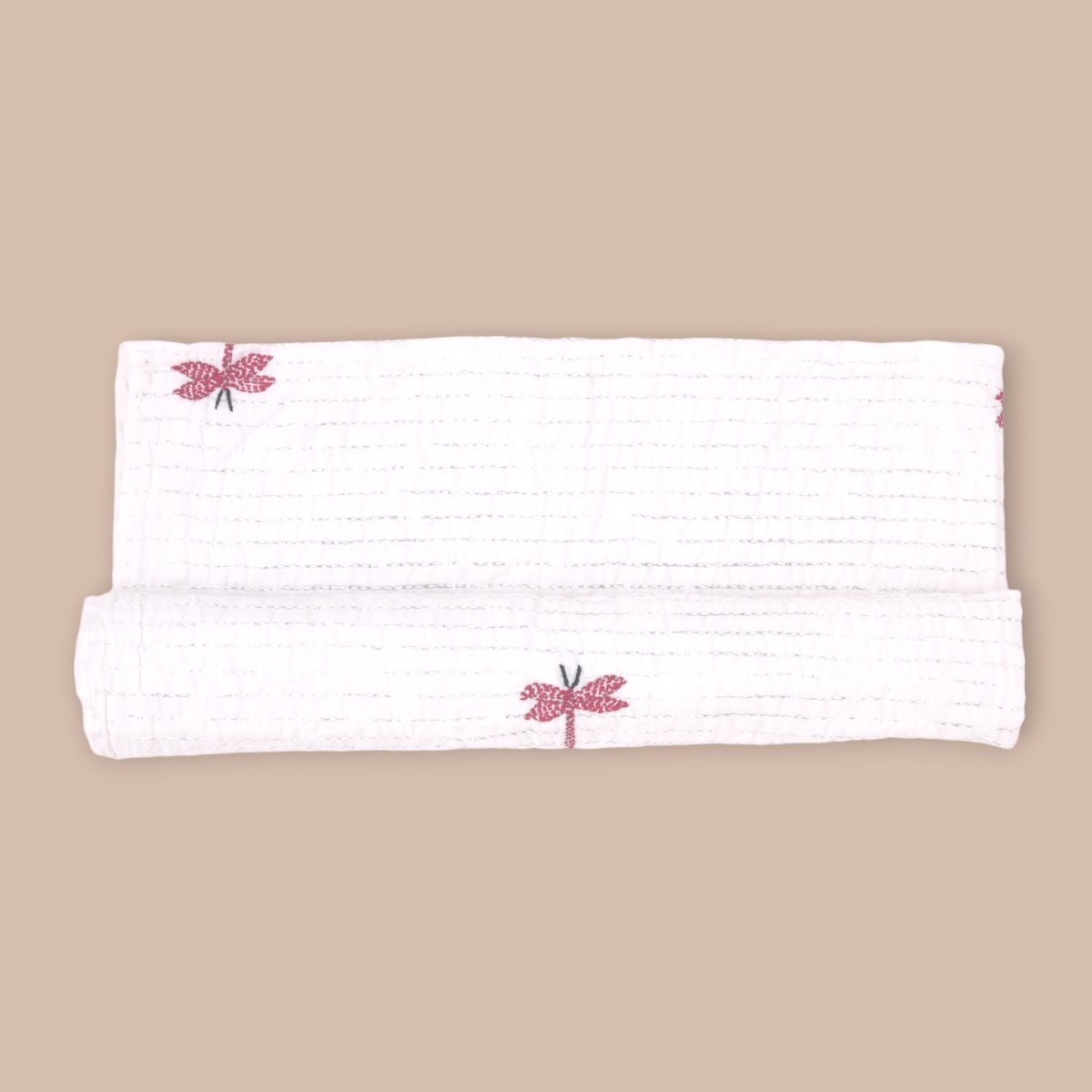 White Mulmul Dragon Fly Design Hand Embroidered Baby Nakshi Kantha | Verified Sustainable by Brown Living™