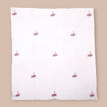 White Mulmul Dragon Fly Design Hand Embroidered Baby Nakshi Kantha | Verified Sustainable by Brown Living™