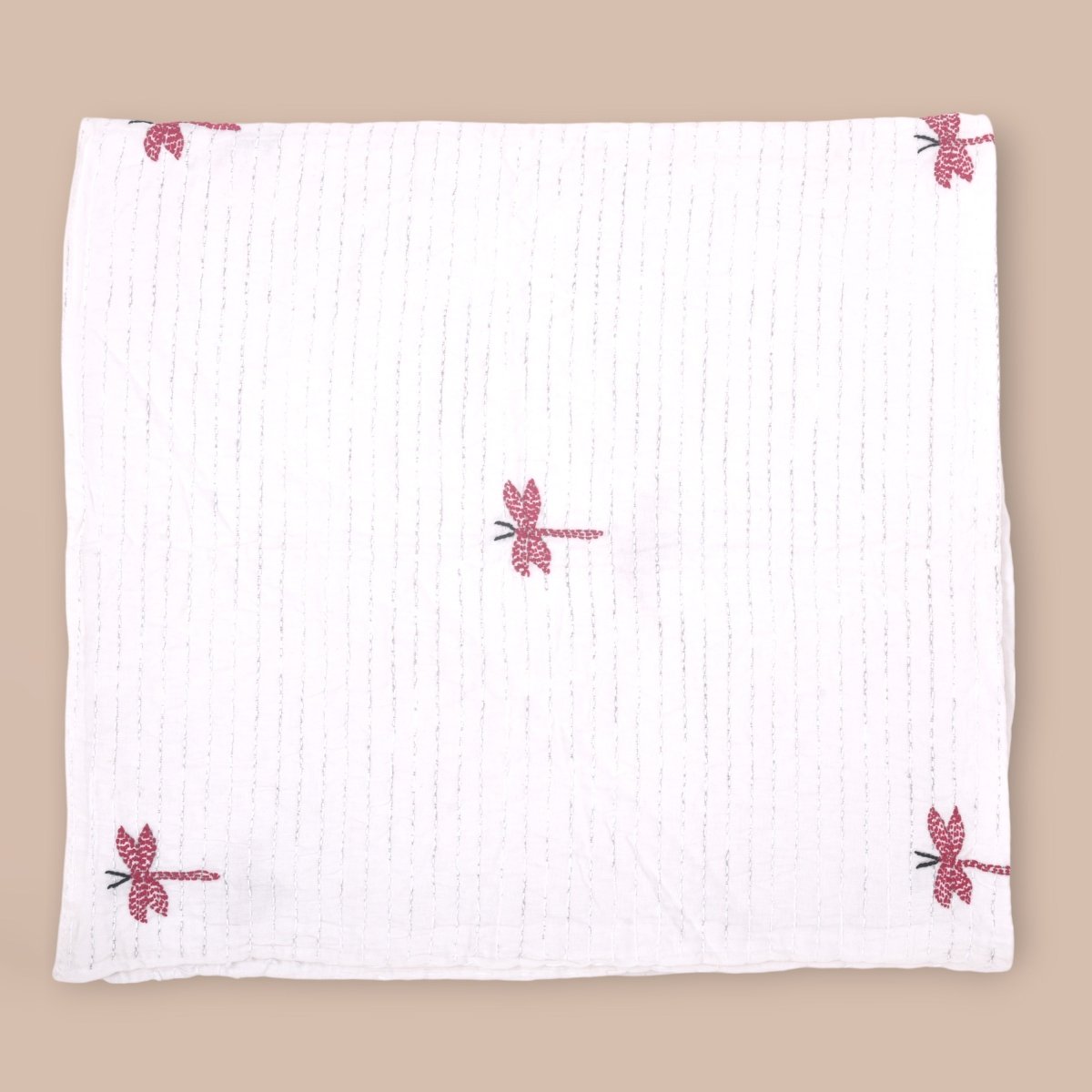 White Mulmul Dragon Fly Design Hand Embroidered Baby Nakshi Kantha | Verified Sustainable by Brown Living™