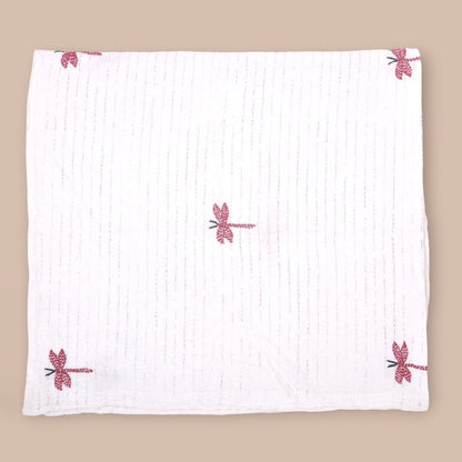 White Mulmul Dragon Fly Design Hand Embroidered Baby Nakshi Kantha | Verified Sustainable by Brown Living™