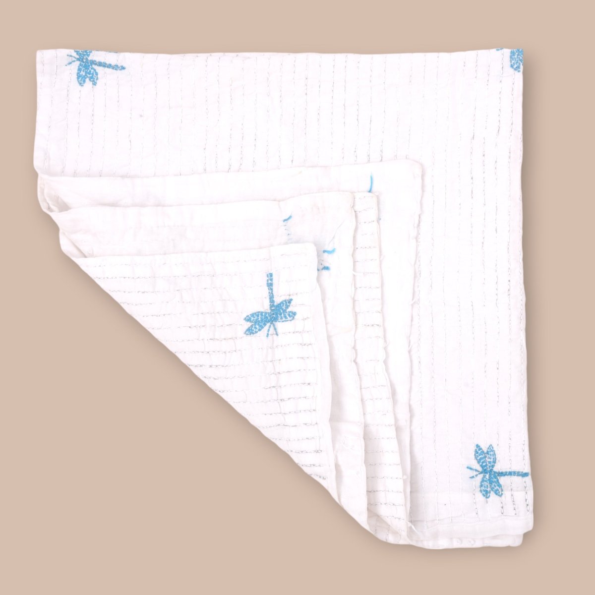 White Mulmul Dragon Fly Design Hand Embroidered Baby Nakshi Kantha | Verified Sustainable by Brown Living™