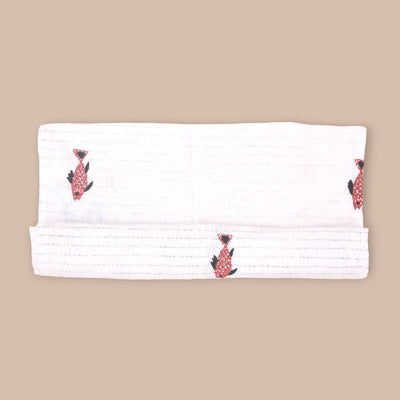 White Mulmul Fish Design Hand Embroidered Baby Nakshi Kantha – Baby Swaddle on Brown Living™. SKU: STRNAKFIS09 - RED. Img 6.