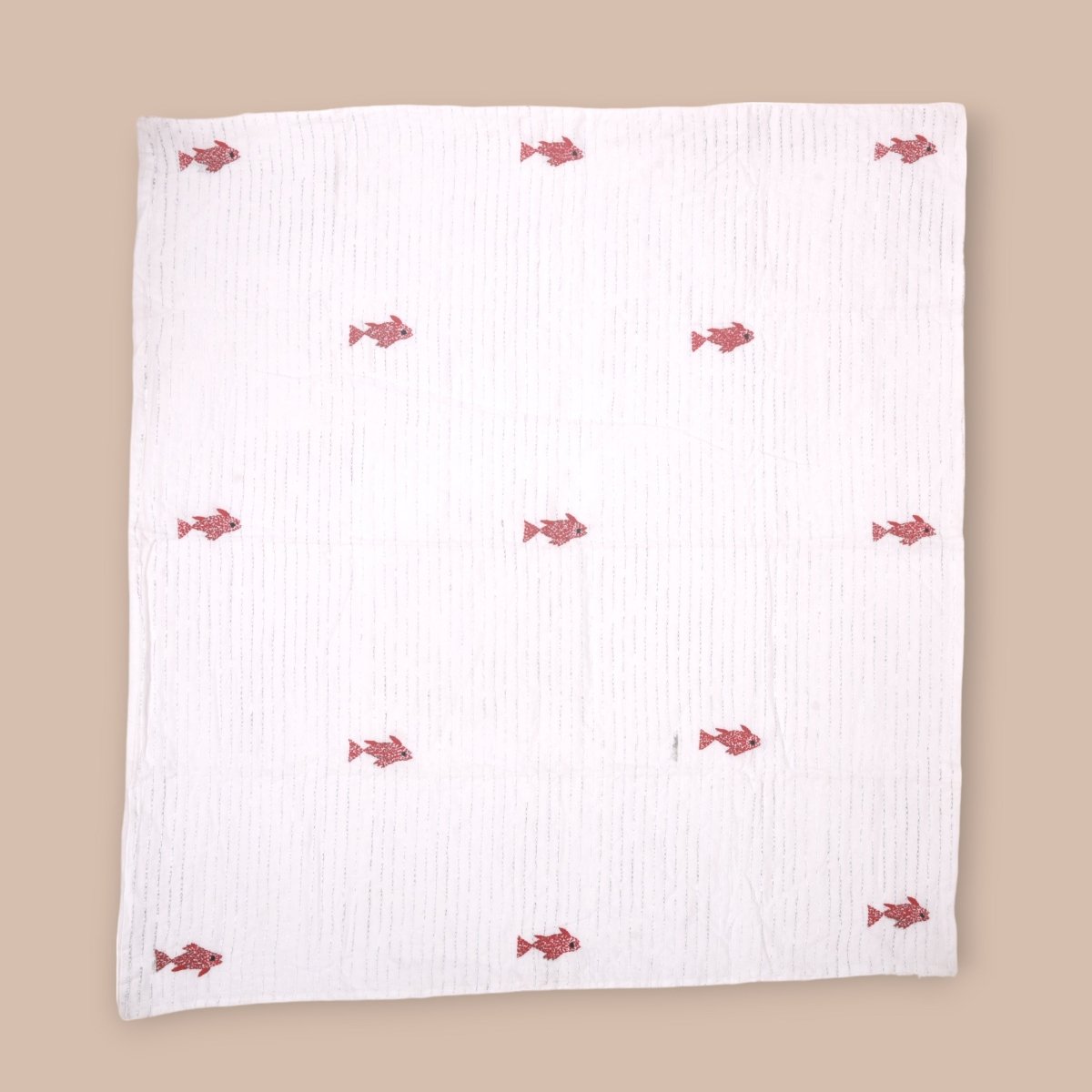 White Mulmul Fish Design Hand Embroidered Baby Nakshi Kantha | Verified Sustainable by Brown Living™