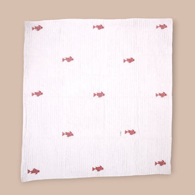 White Mulmul Fish Design Hand Embroidered Baby Nakshi Kantha – Baby Swaddle on Brown Living™. SKU: STRNAKFIS09 - RED. Img 1.