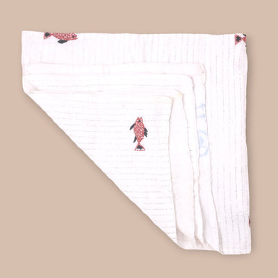 White Mulmul Fish Design Hand Embroidered Baby Nakshi Kantha – Baby Swaddle on Brown Living™. SKU: STRNAKFIS09 - REDBLACK. Img 9.