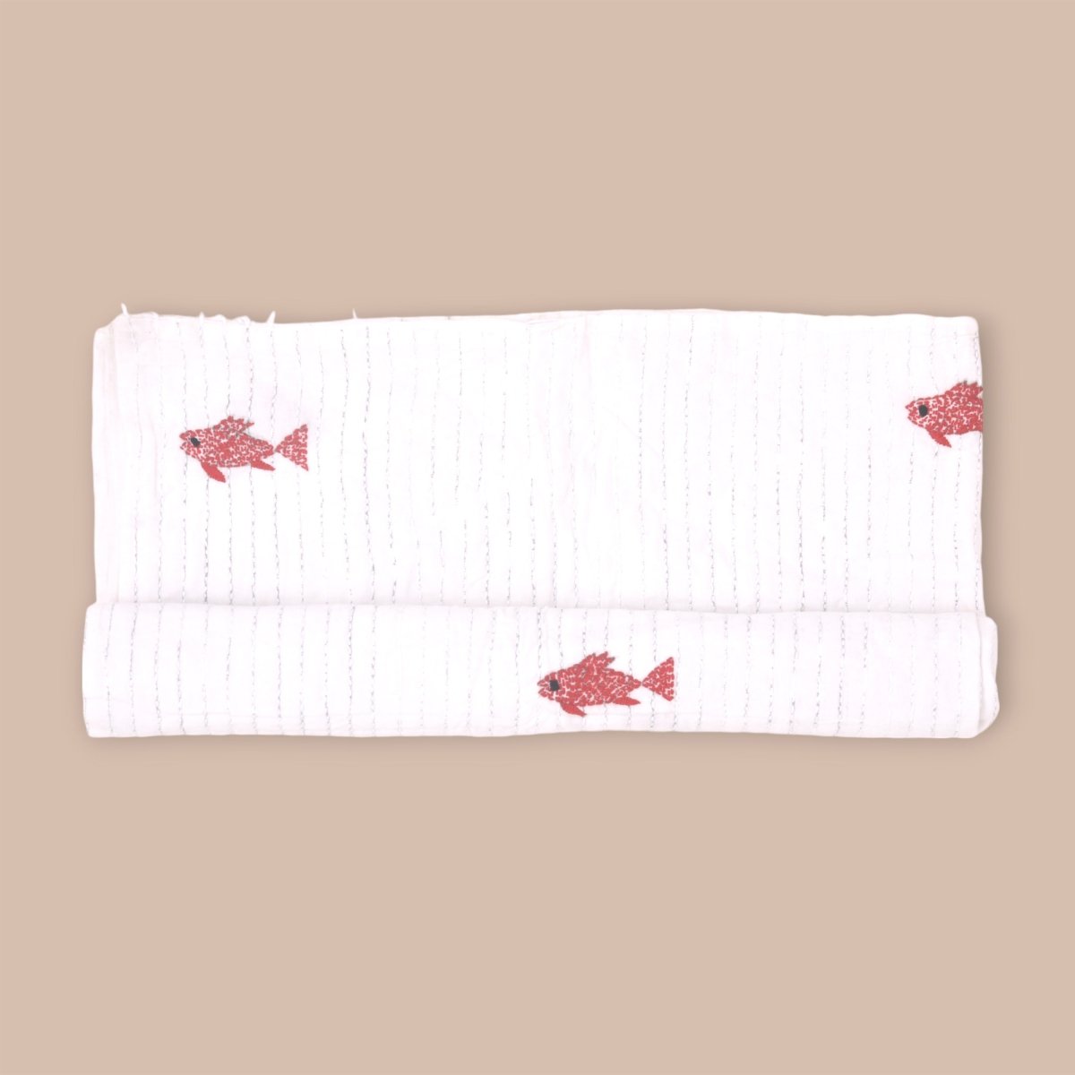 White Mulmul Fish Design Hand Embroidered Baby Nakshi Kantha | Verified Sustainable by Brown Living™