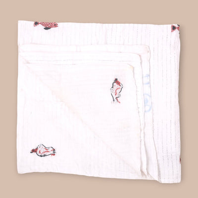White Mulmul Fish Design Hand Embroidered Baby Nakshi Kantha – Baby Swaddle on Brown Living™. SKU: STRNAKFIS09 - RED. Img 7.