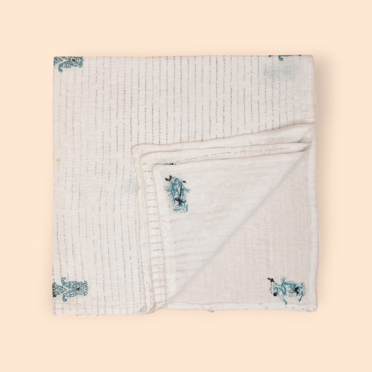 White Mulmul Kolki Design Hand Embroidered Baby Nakshi Kantha | Verified Sustainable by Brown Living™