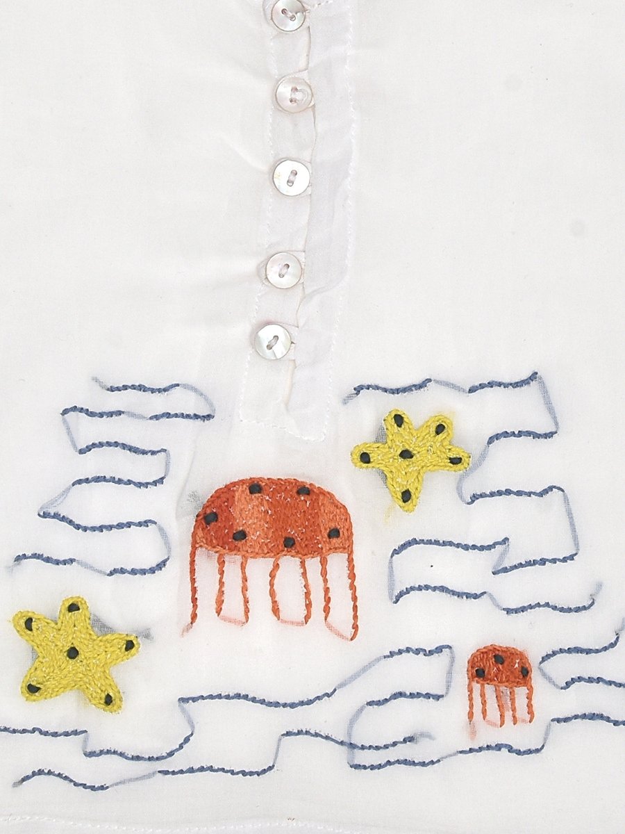 White Mulmul Semi Front Open Jabla - Sea Creatures Design Hand Embroidery | Verified Sustainable by Brown Living™