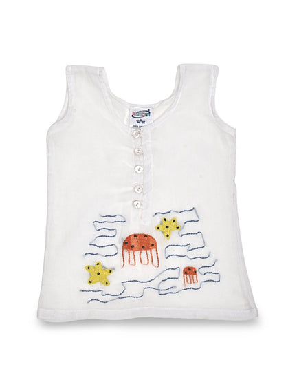 White Mulmul Semi Front Open Jabla - Sea Creatures Design Hand Embroidery | Verified Sustainable by Brown Living™