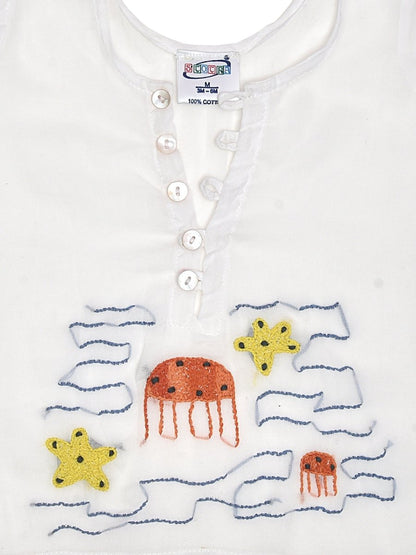 White Mulmul Semi Front Open Jabla - Sea Creatures Design Hand Embroidery | Verified Sustainable by Brown Living™