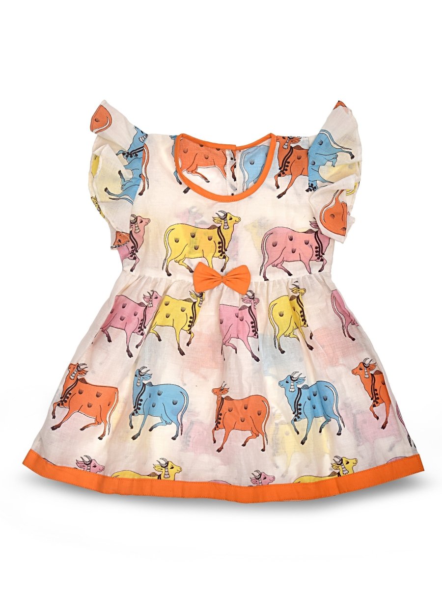 White Printed Cotton Baby Dress with Cow Design | Verified Sustainable by Brown Living™