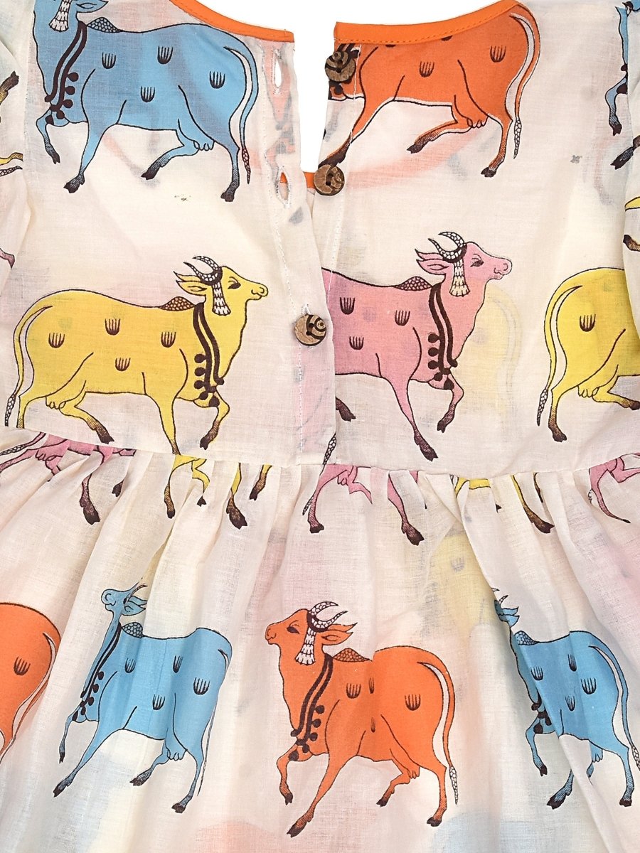 White Printed Cotton Baby Dress with Cow Design | Verified Sustainable by Brown Living™