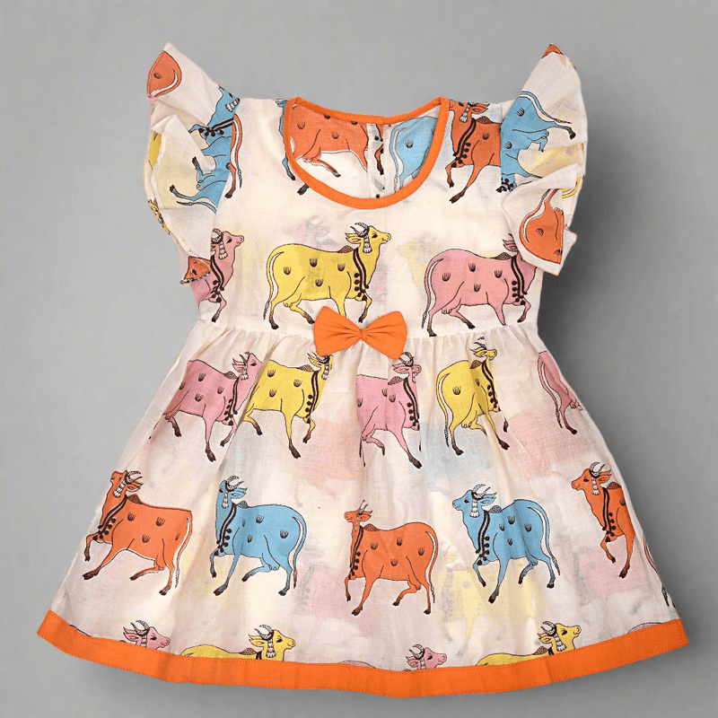 White Printed Cotton Baby Dress with Cow Design | Verified Sustainable by Brown Living™