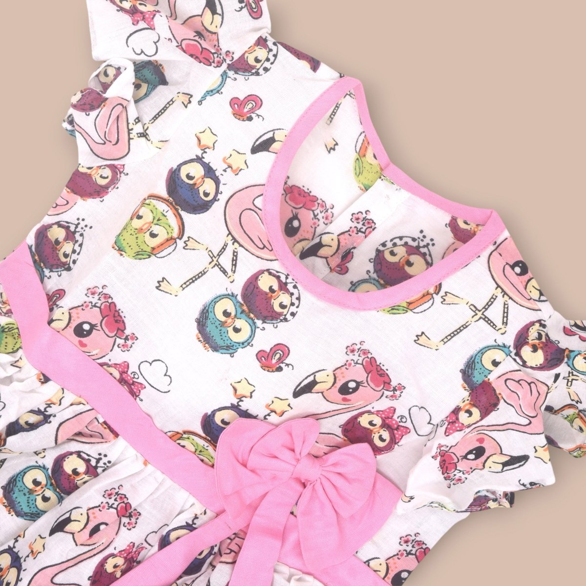 White Printed Cotton Baby Dress with Flamingo Design | Verified Sustainable by Brown Living™