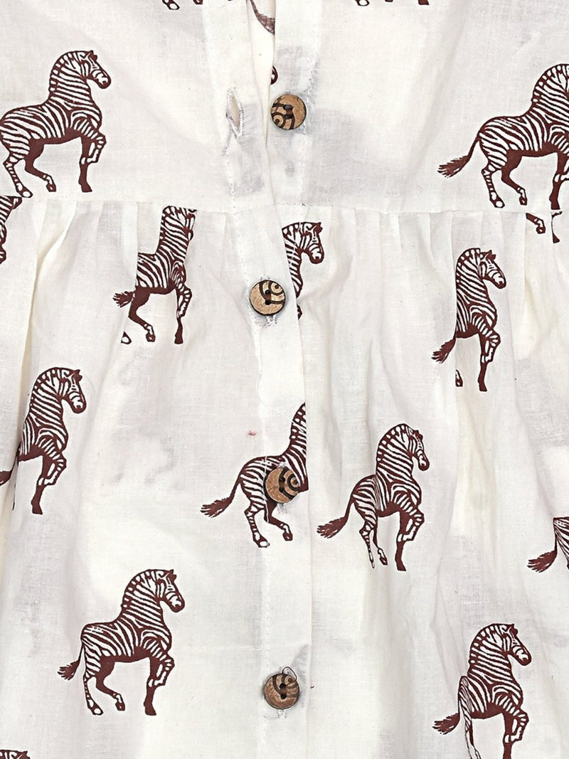 White Printed Cotton Baby Dress with Zebra Design | Verified Sustainable by Brown Living™