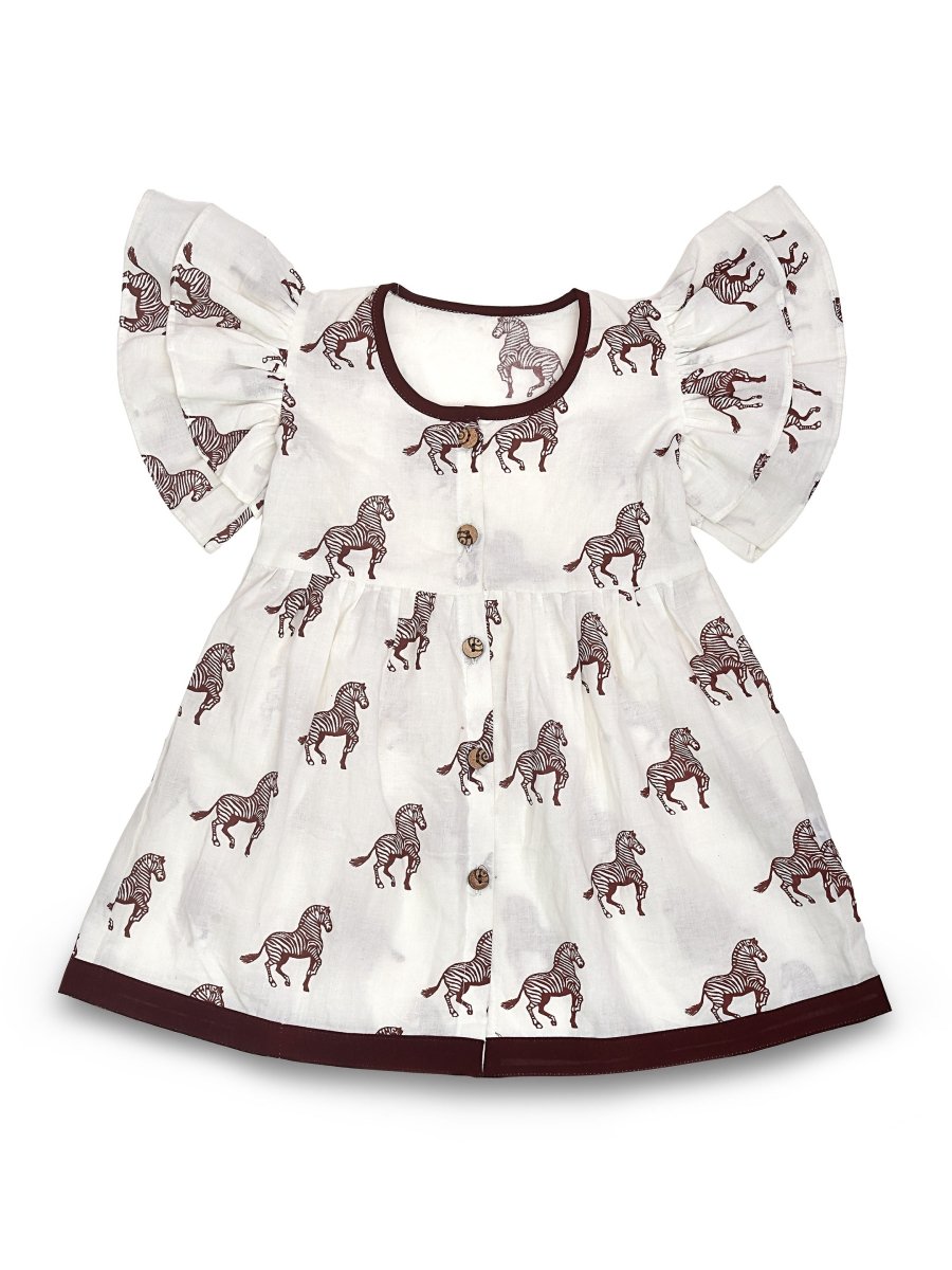 White Printed Cotton Baby Dress with Zebra Design | Verified Sustainable by Brown Living™