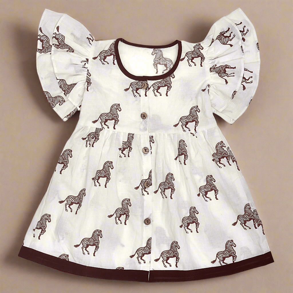 White Printed Cotton Baby Dress with Zebra Design | Verified Sustainable by Brown Living™