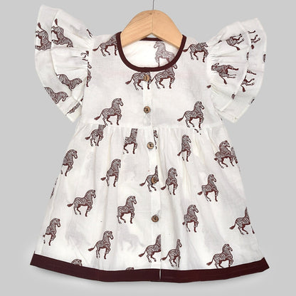White Printed Cotton Baby Dress with Zebra Design