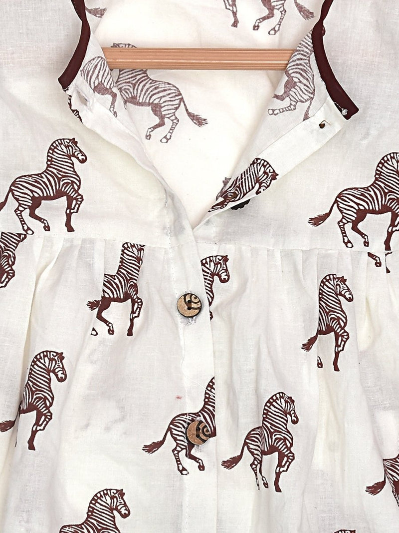 White Printed Cotton Baby Dress with Zebra Design | Verified Sustainable by Brown Living™