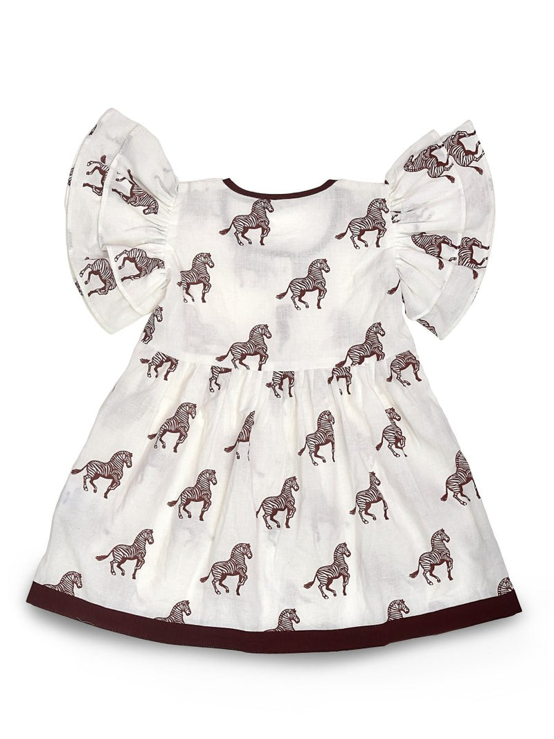 White Printed Cotton Baby Dress with Zebra Design | Verified Sustainable by Brown Living™