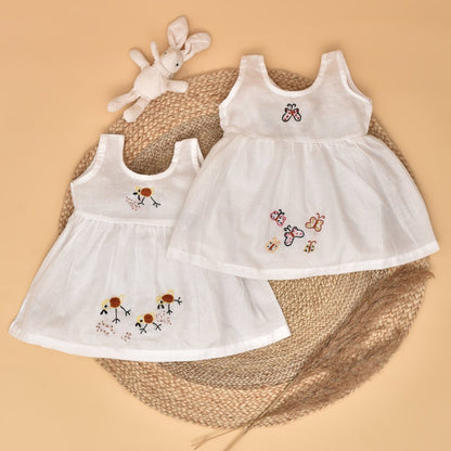 White Pure Mulmul Hand Embroidered Baby Dress Combo - Set of 2 | Verified Sustainable by Brown Living™