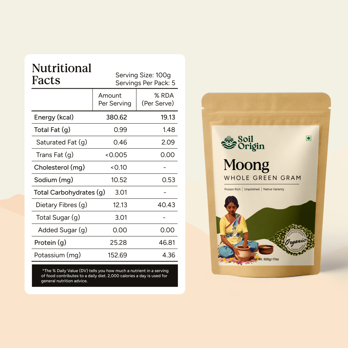 Whole Green Gram (Moong) | Unpolished | Protein - Rich | 500g | Verified Sustainable by Brown Living™