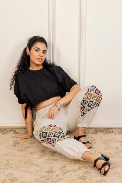 Women's Hopper Joggers | Cream With Patterned Patchwork | Fits Waist Sizes 30 to 38 Inches | Verified Sustainable by Brown Living™