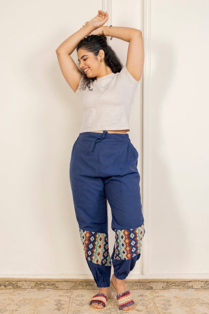 Women's Hopper Joggers | Dark Blue With Patterned Patchwork | Fits Waist Sizes 30 to 38 Inches | Verified Sustainable by Brown Living™