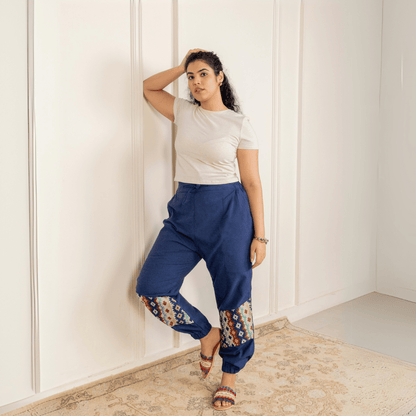 Women's Hopper Joggers | Dark Blue With Patterned Patchwork | Fits Waist Sizes 30 to 38 Inches | Verified Sustainable by Brown Living™