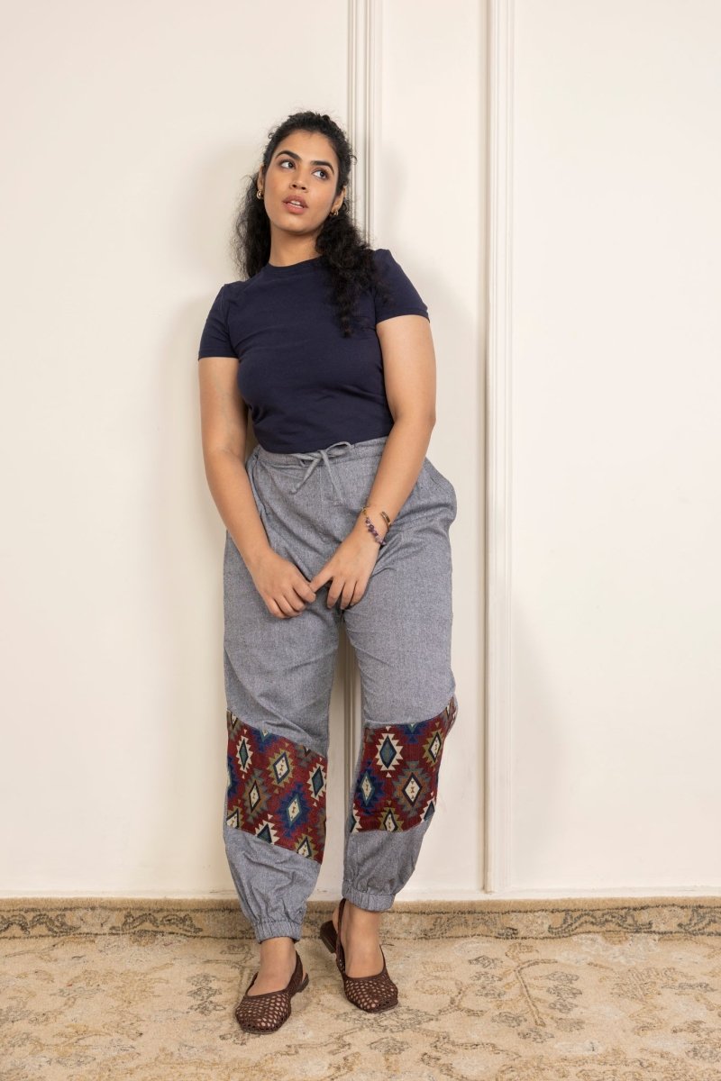 Women's Hopper Joggers | Grey With Patterned Patchwork| Fits Waist Sizes 30 to 38 Inches | Verified Sustainable by Brown Living™